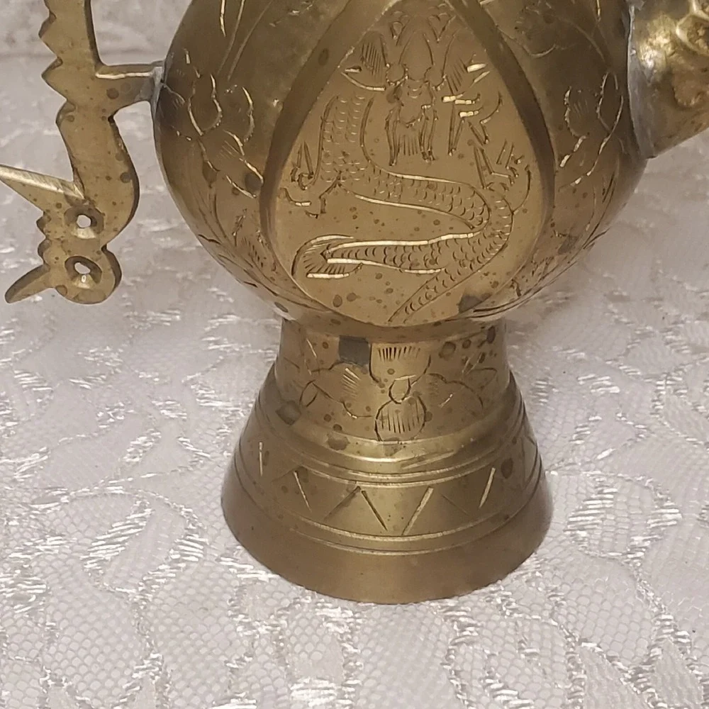 Brass‎ Pitcher Vase Ornate Petinaed Ornate Oil Annointing Dragon Floral Etched